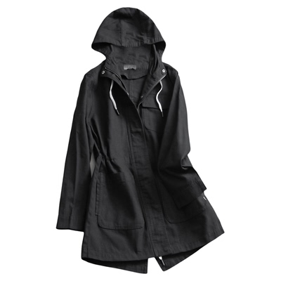 纯色抽绳收腰显瘦连帽中长款风衣