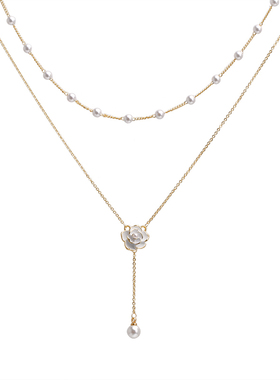 双层山茶花流苏珍珠项链女款2025新款配裙子锁骨链轻奢高级感配饰