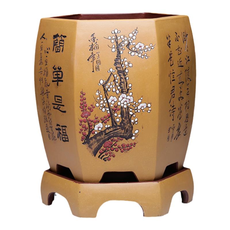 宜兴紫砂花盆陶瓷大君子兰花盆中国风客厅精品六角专用兰花盆高档