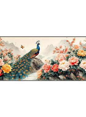 中式晶瓷壁画孔雀牡丹花背景沙发画花开装饰画富贵客厅大白墙横版