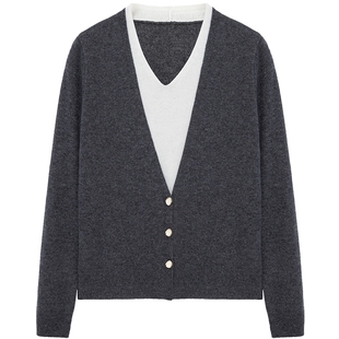 布景羊毛衫女冬季新品简约v领假两件设计全羊毛针织衫毛衣1566