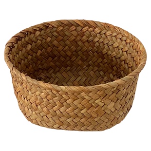 ins草编圆形收纳筐桌面化妆品护肤品编织收纳篮杂物整理置物篮子