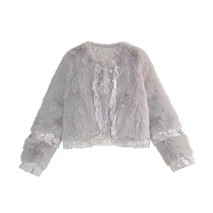 RECIT 苏黎世雪夜 高级灰荷叶花边订珠重工千金环保皮草外套冬