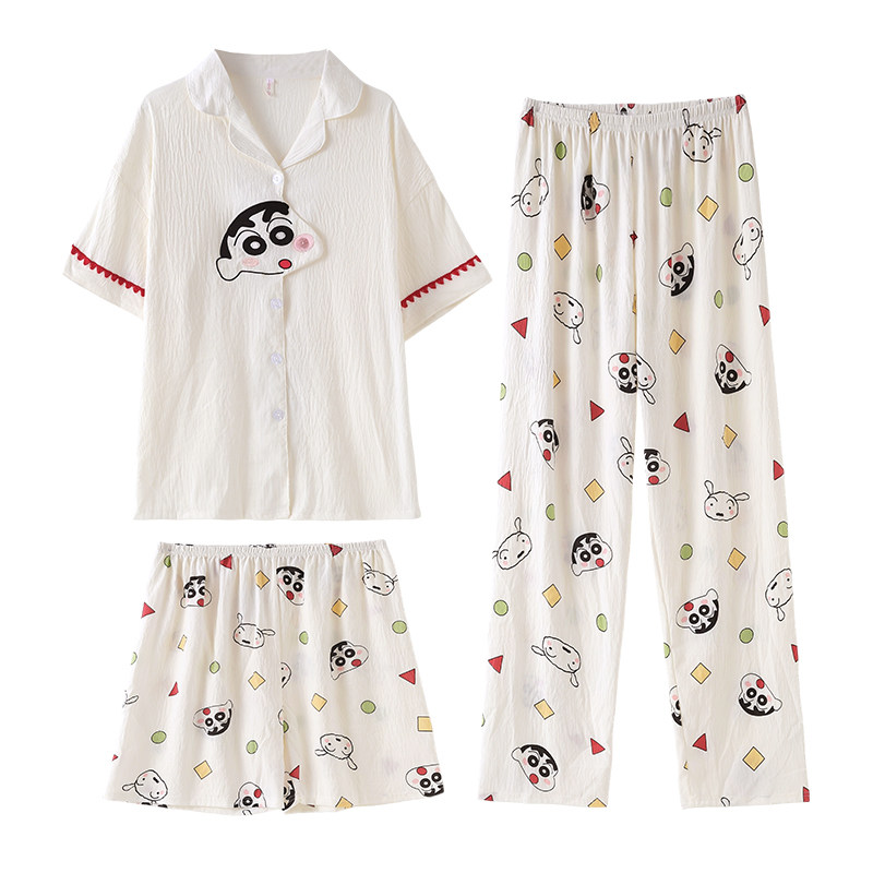 蜡笔小新睡衣女2026夏季新款卡通云朵棉开衫三件套薄款家居服套装