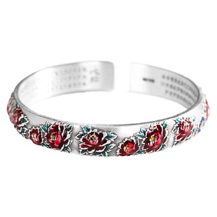 花开富贵999足银牡丹手镯女开口复古民族风心经纯银妈妈镯子礼物