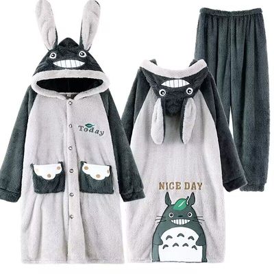 冬季加绒加厚宽松家居服连帽睡袍