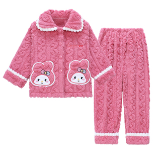 女童睡衣冬天卡通女童珊瑚绒睡衣套装冬季保暖法兰绒家居服公主风