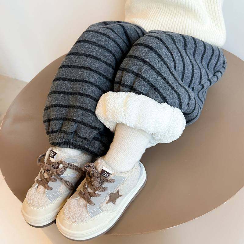 男女童冬季加绒卫裤儿童羊一体驼绒休闲裤女孩加厚保暖条纹棉裤子