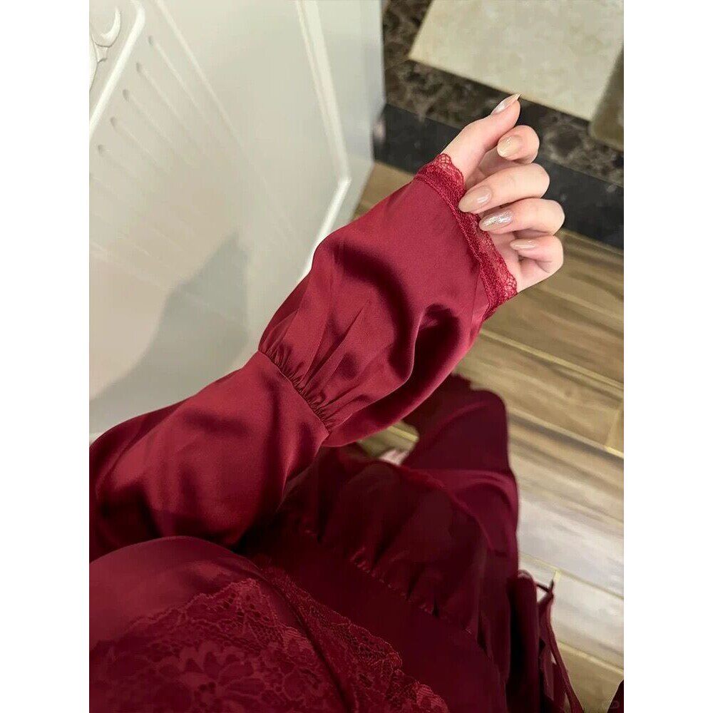 本命年红色睡衣三件套女高级感春秋薄款冰丝新婚性感家居服带胸垫