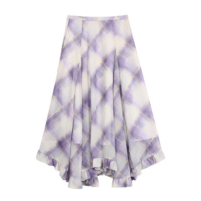 法式格子不规则半身裙女格纹长裙