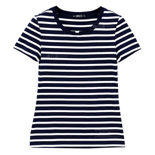黑白细条纹莫代尔短袖t恤女士横行道收腰薄款夏装中年上衣体恤衫