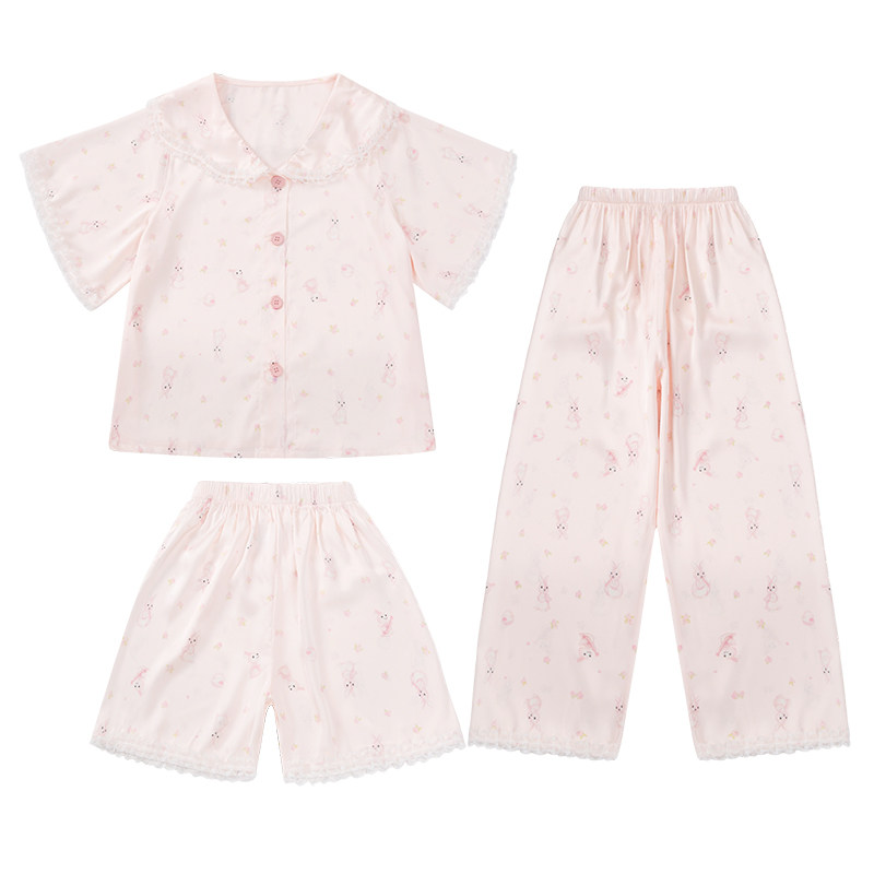女童睡衣夏季薄款冰丝凉感娃娃领蕾丝边家居服套装可爱风三件套