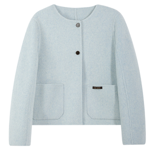 图曼朵蓝色双面羊绒短款外套女冬新款韩系小个子宽松显瘦毛呢大衣