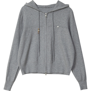 2026春秋新款女连帽拉链针织开衫毛衣外套抽绳打底衫短款减龄961