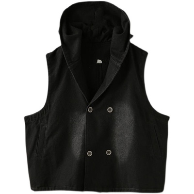 复古休闲连帽牛仔马甲胖女人工装