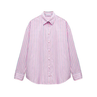 TANG韩版粉色条纹长袖衬衫女2025夏季新款宽松休闲百搭衬衣外套潮