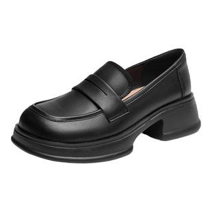 红蜻蜓厚底乐福鞋女新款一脚蹬女鞋增高通勤单鞋黑色英伦风小皮鞋