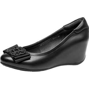 【商场同款】羊皮单鞋女坡跟内增高女鞋2025新款舒适妈妈皮鞋