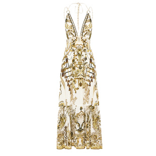 FBB limit春夏新款气质长裙女2个版本定位印花贴钻V领吊带连衣裙