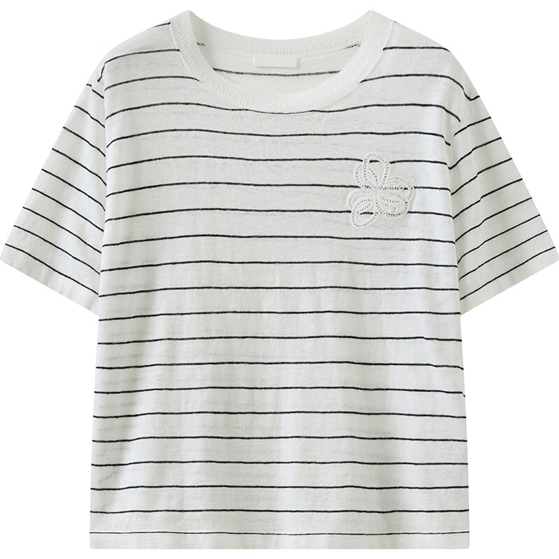 【商场同款】播26夏新品100%亚麻短袖针织衫女条纹上衣BDT2SD1913