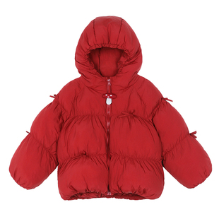 小O宝童装 宝宝泡芙棉服加厚过年服冬女童蝴蝶结连帽红色新年外套