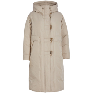 qs秸熙冬季新款保暖连帽羽绒服复古牛角扣中长款显瘦90鸭绒外套