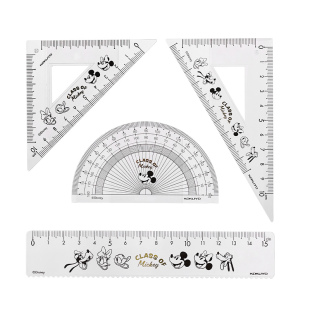 【迪士尼米奇校园生活】KOKUYO国誉套尺四件套学生尺子直尺多功能测量高精度三角板卡通透明文具圆弧边角