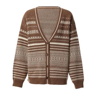 Famecoco商场同款文艺范复古v领提花针织毛衣开衫女FAB8DE020