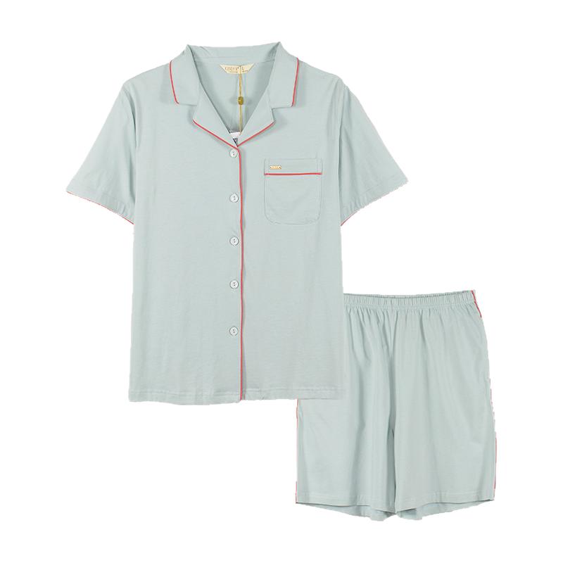 绮瑞家居服女夏纯棉开衫翻领纯色休闲简约带裤兜薄款宽松大码睡衣