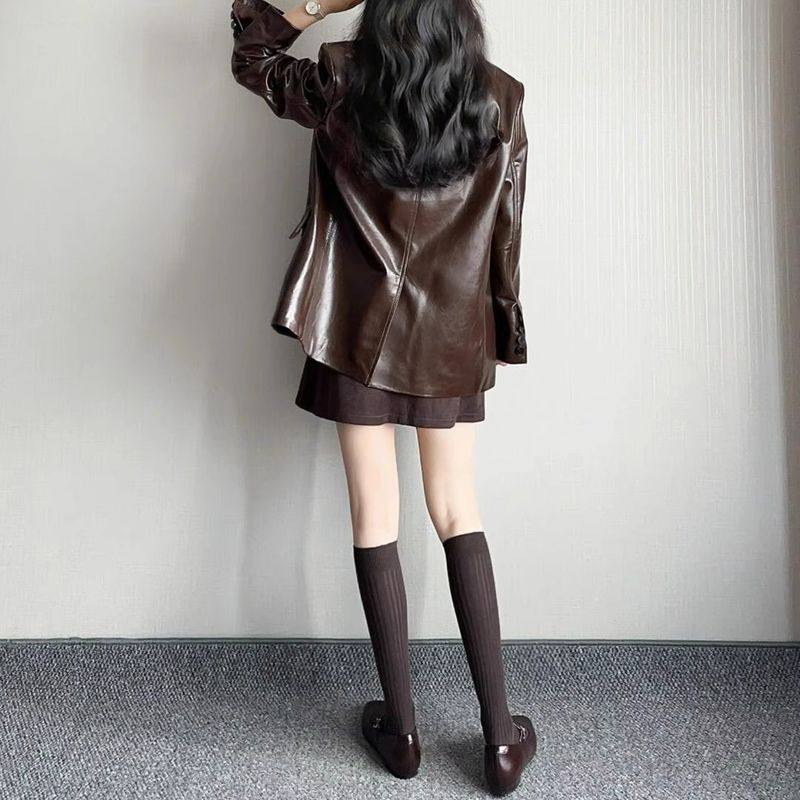 纯色小腿袜子女棕咖色棉袜日系中筒袜jk及膝袜显瘦长筒袜堆堆袜潮