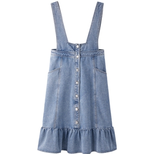 乐町牛仔双色收腰背带裙春秋女装小个子设计气质连衣裙