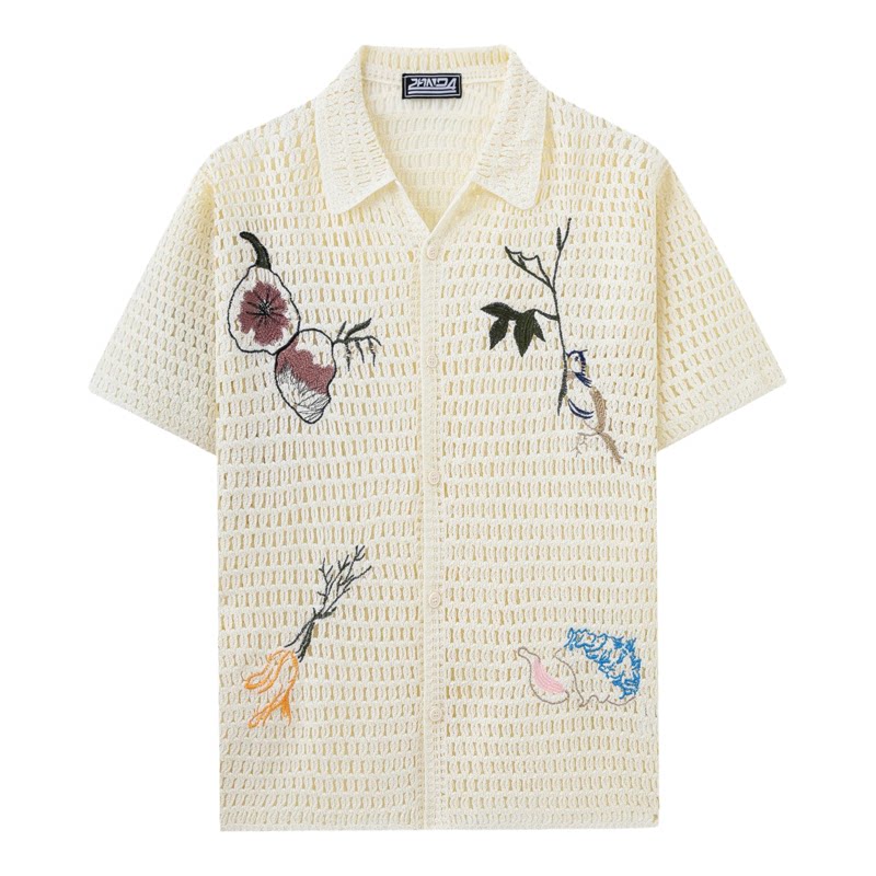 2026夏季外贸男士针织提花短袖衬衣镂空透视休闲衬衫Men's shirts
