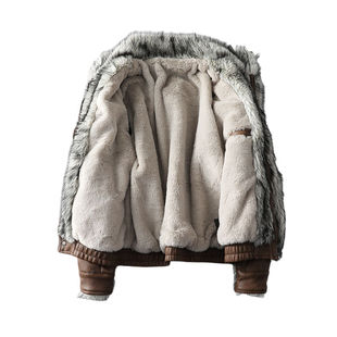 皮毛一体男士冬季宽松加绒加厚皮衣短款机车服皮袄男装羊羔毛外套