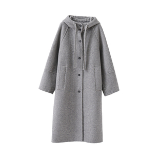 popchrio◆设计感羊毛连帽双面呢大衣小个子灰色毛呢外套中长款女
