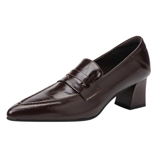 达芙妮高跟乐福鞋女款冬季2025新款英伦风尖头小皮鞋黑色通勤单鞋