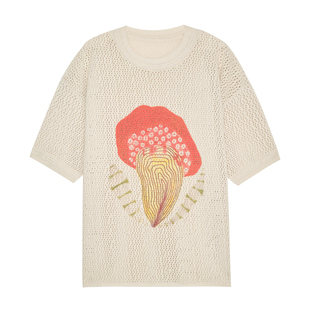 SAME FLOW 蘑菇幻想图案早秋短袖镂空罩衫T恤女显瘦宽松上衣男
