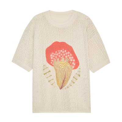 SAME FLOW 蘑菇幻想图案早秋短袖镂空罩衫T恤女显瘦宽松上衣男