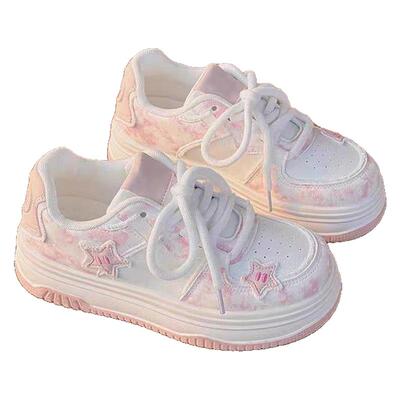 粉色厚底星星面包鞋女2025夏季新款chic小众设计透气运动小白鞋子