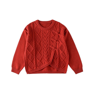 老爸评测儿童新年新款毛衣针织红色圆领上衣男女童冬衣服2026马年
