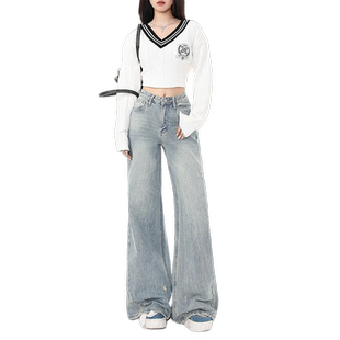 worxurnn/无须美式中低腰阔腿喇叭牛仔裤女宽松显瘦破洞微喇裤