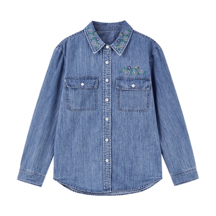 秋水伊人复古百搭绣花牛仔上衣2026年春季新款女休闲正肩H型衬衫