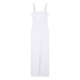Round neck backless slit slim fit dress 圆领露背开叉连衣裙女
