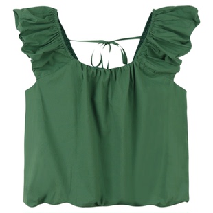 弥古绿色法式度假吊带上衣高级感宽肩带无袖宽松方领背心女夏外穿