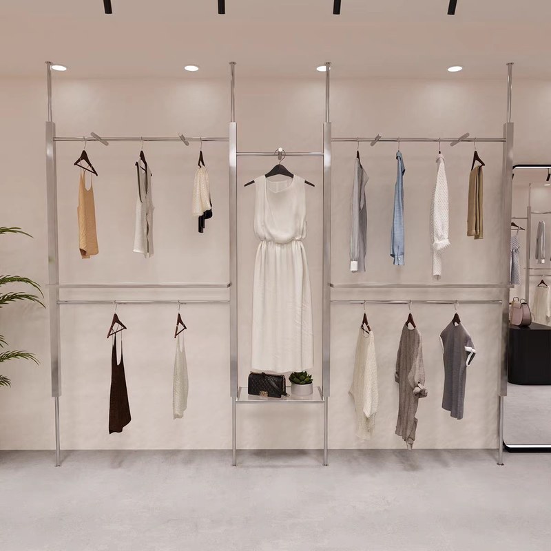 服装展示架顶天立地不锈钢挂衣架女装店上墙落地式正侧挂陈列货架