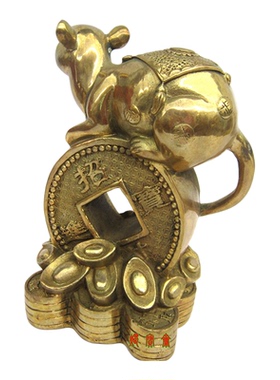 小老鼠金钱元宝鼠纯铜质风水摆件