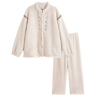 女士睡衣秋冬季珊瑚绒简约高级感中国风加厚法兰绒冬天家居服套装