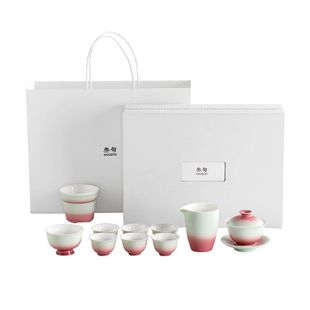 叁旬影青釉里红盖碗功夫茶具套装家用陶瓷泡茶轻奢高档茶艺礼盒装