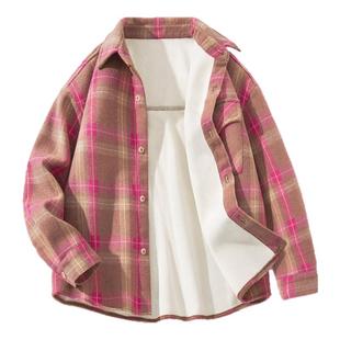 真维斯club女童衬衫长袖2025新款儿童秋冬加绒格子衬衣女孩外套冬