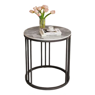 意式圆形岩板沙发边几茶几可移动轻奢简约铁艺角几花架创意床头桌