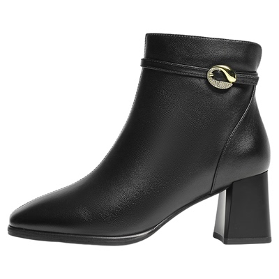 红蜻蜓高跟加绒粗跟羊皮妈妈靴子